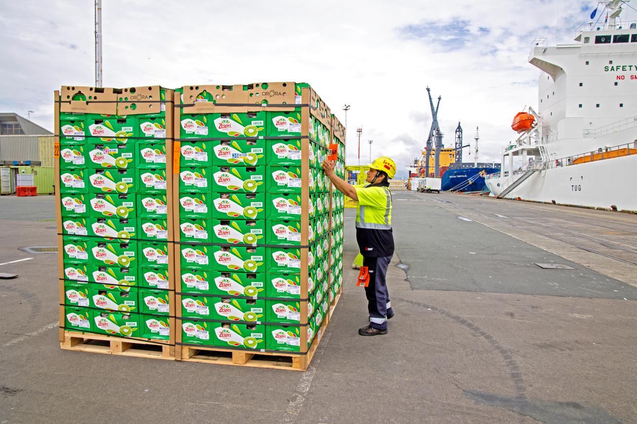 Green produce crates loaded at a port beside a ship