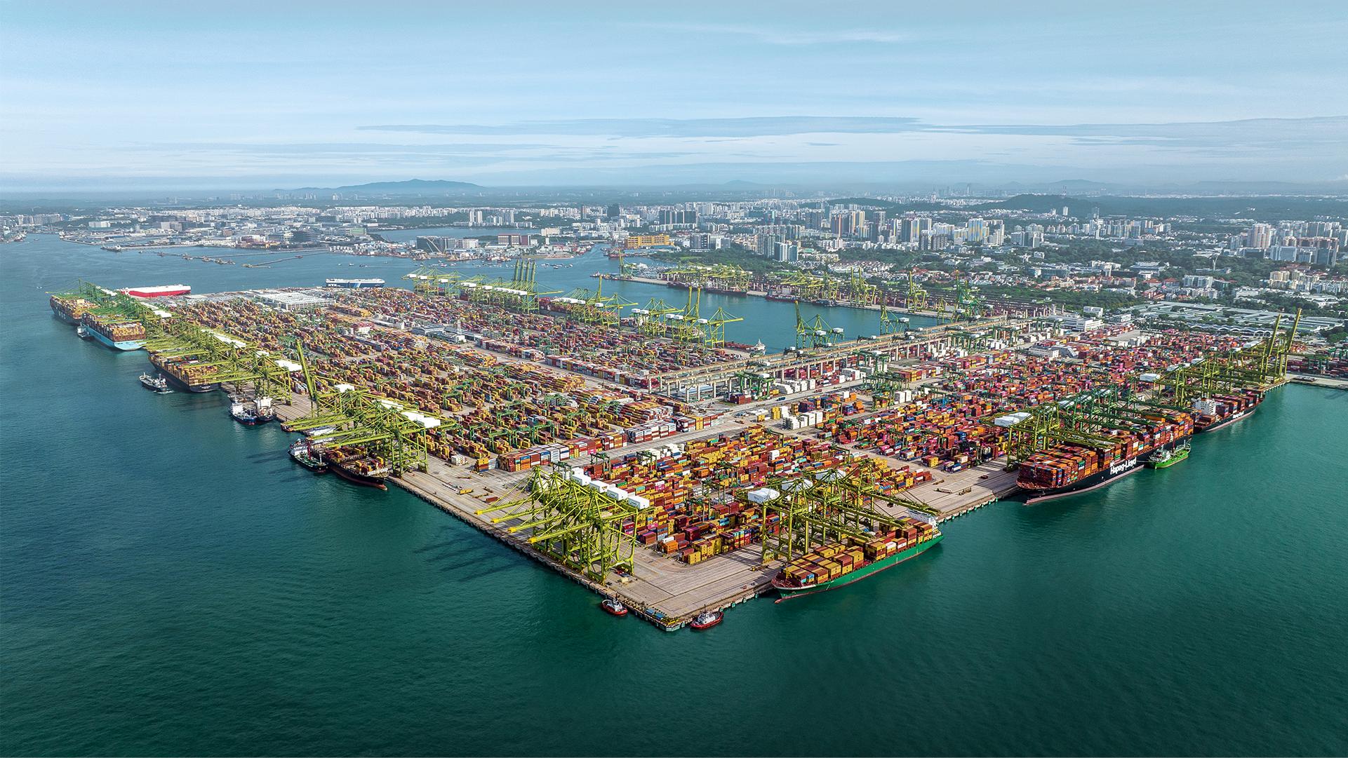 Aerial view of a busy container port